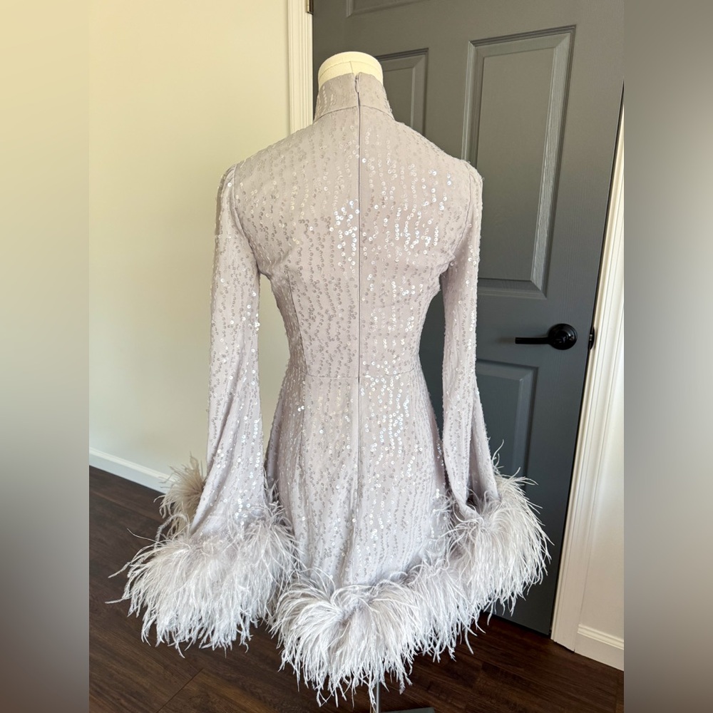 Sau Lee Bianca Mini Sequin and Feather Dress in Silver - Picture 9 of 14